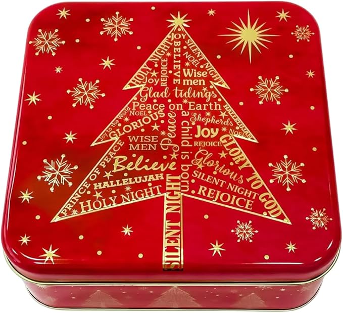 Metal Square Festive Christmas Cookie Tin with Lid | Festive Holiday Storage for Candy Snacks Holiday Christmas Party Decor Favor Gift Box RED GOLD JOY SNOWFLAKE