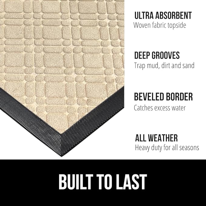 GORILLA GRIP 100% Waterproof All-Season WeatherMax Doormat, 47x35, Durable Natural Rubber, Stain and Fade Resistant, Low Profile, Indoor Outdoor Door Mats, Easy Clean Patio Entrance Mat, Modern Latte