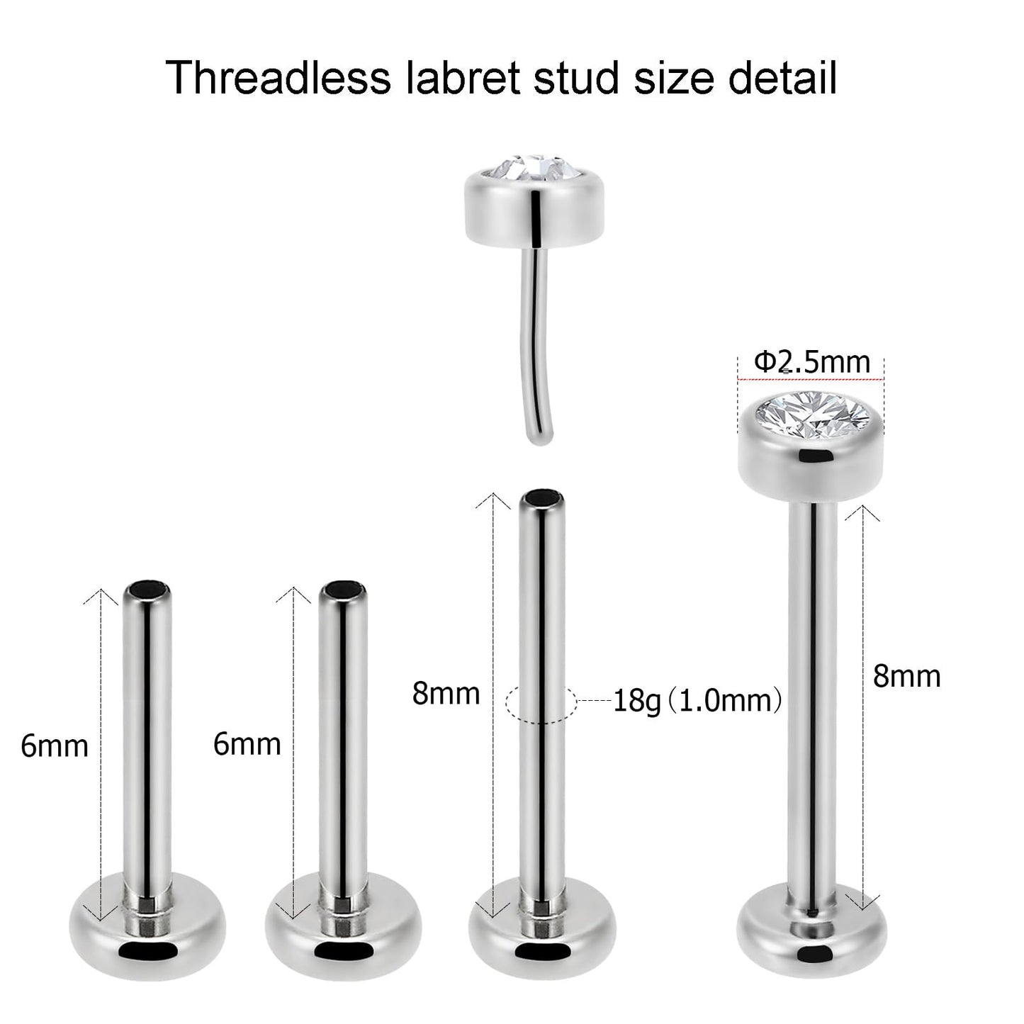 NewkeepsR 2PCS-1.0mm(18g) G23 Titanium Press Fit Threadless Push Pop In 2.5mm Flat Gem Top Flatback Labret Lip Monroe Stud Tragu