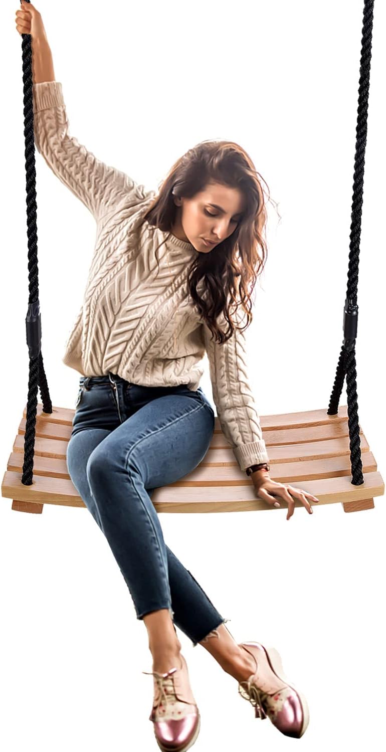 Taeku Adult Tree Swing, Hanging Beech Wood Swings with Adjustable Rope Garden Chair Seat Swing for Indoor Outdoor (24''x10'')