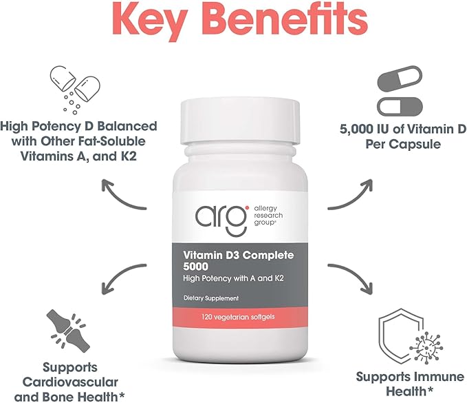 Allergy Research Group Vitamin D3 Complete 5000 IU - Vitamin D3 and K2 Supplement, Daily Balance, with Vitamin A, DeltaGold Tocotrienols, High Potency, Veggie Softgels - 120 Count