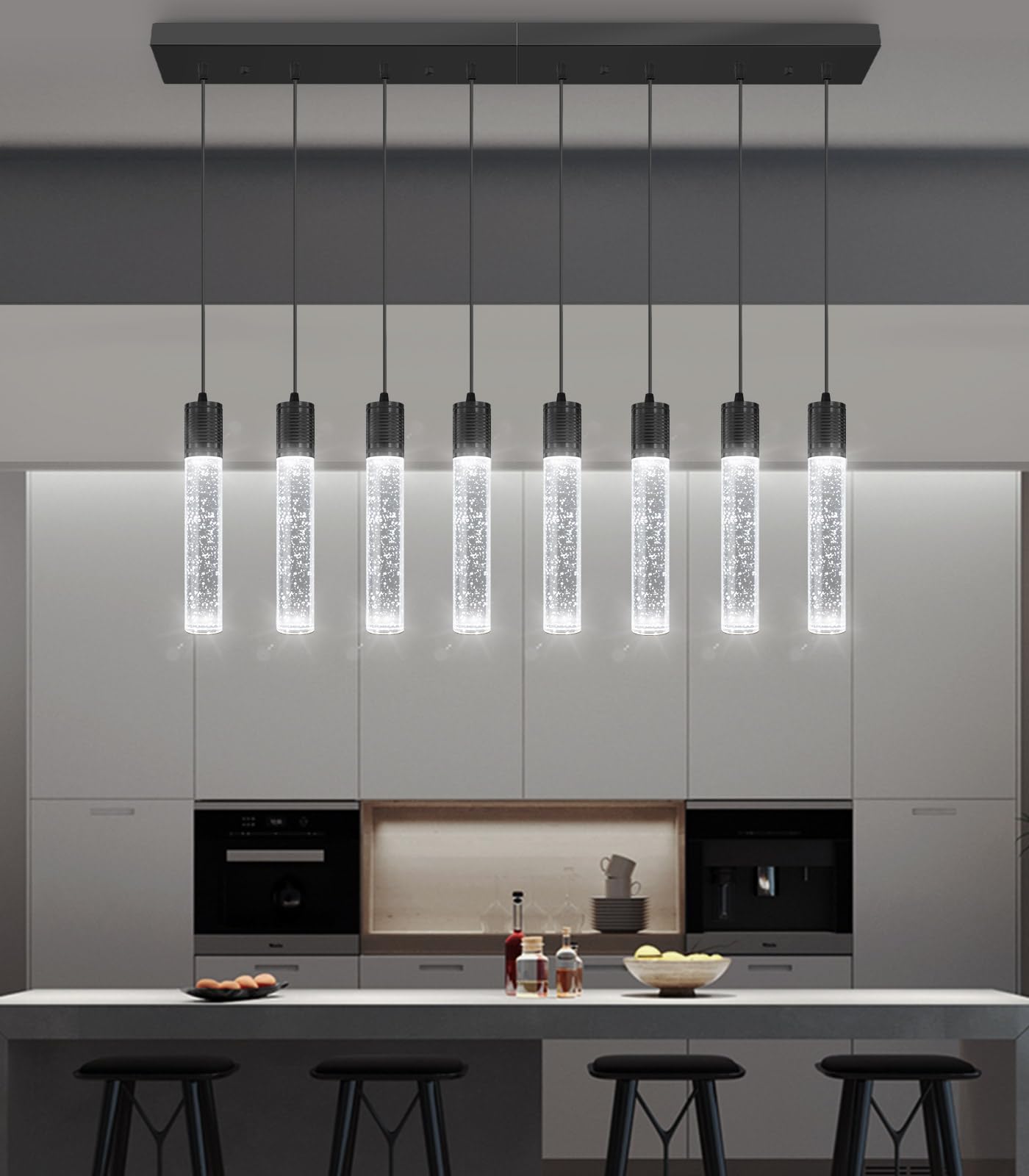 Dolria 8-Lights Modern Crystal Chandeliers For Kitchen Island Pendants Lighting Fixture For Dining Room Led Ceiling Light For Hallway Foyer 6000K Black