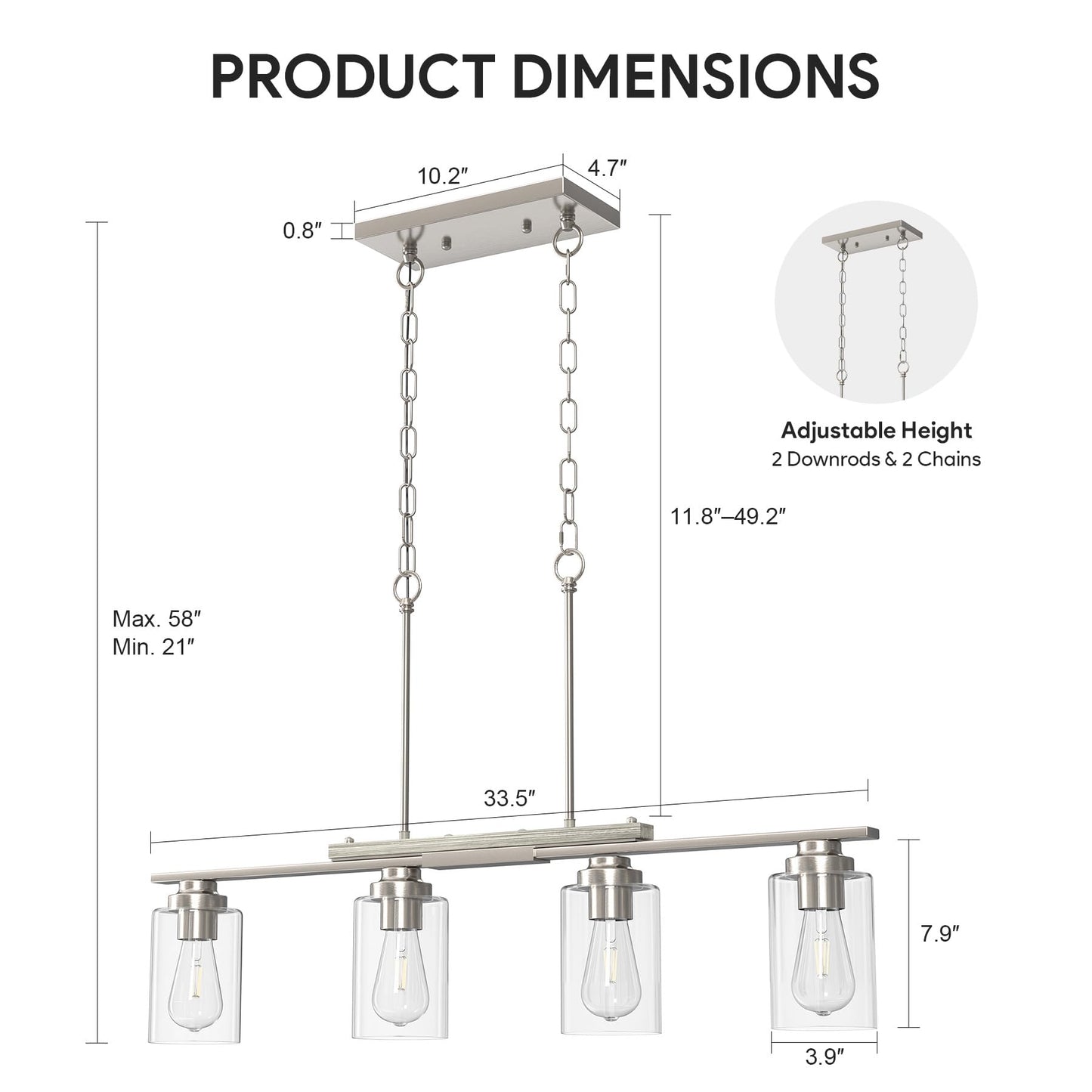 Vonluce Kitchen Island Lighting  4-Light Dining Room Light Fixture Over Table With Glass Shade And Adjustable Rods  Farmhouse Linear Chandelier For Kitchen Island  Brushed Nickel  Etl Certificated