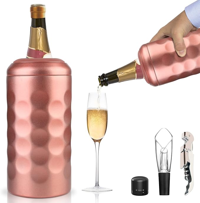 Sangyn Wine Chiller, Premium Wine Cold Bucket Double Walled, Portable Vacuum Insulated Wine Cooler for Most 750mL Champagne and Wine Bottles, Wine Gifts for Wine Lovers(Rose Gold)