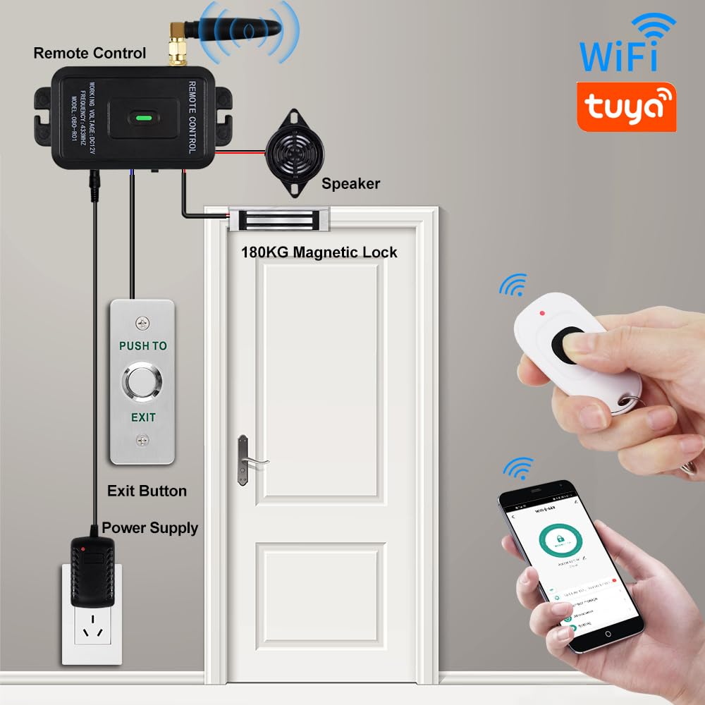jasugKEY Premium Smart APP Unlocking Access Control System Kit, Simplified Wiring Door Lock Set, with Remote Controllers / 380lbs Magnetic Lock/DC 12V Power Adapter, Lock Delay Time Adjustable