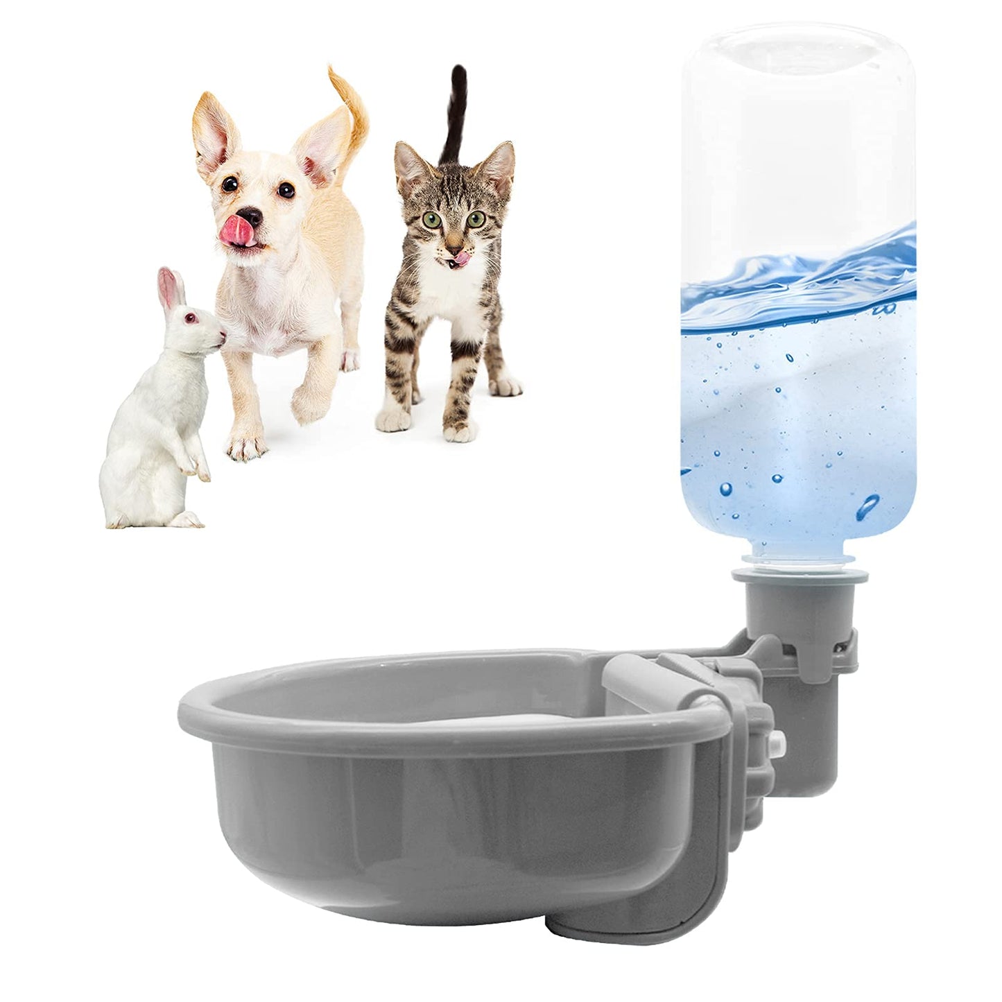 VANNON 16oz Pet Water Bottle, Gravity Dog Water Bowl Dispenser for Cage, Anti-Overflow Water Dispenser for Small Dogs, Cats, Rabbits and Other Small Animals, BPA Free, Grey