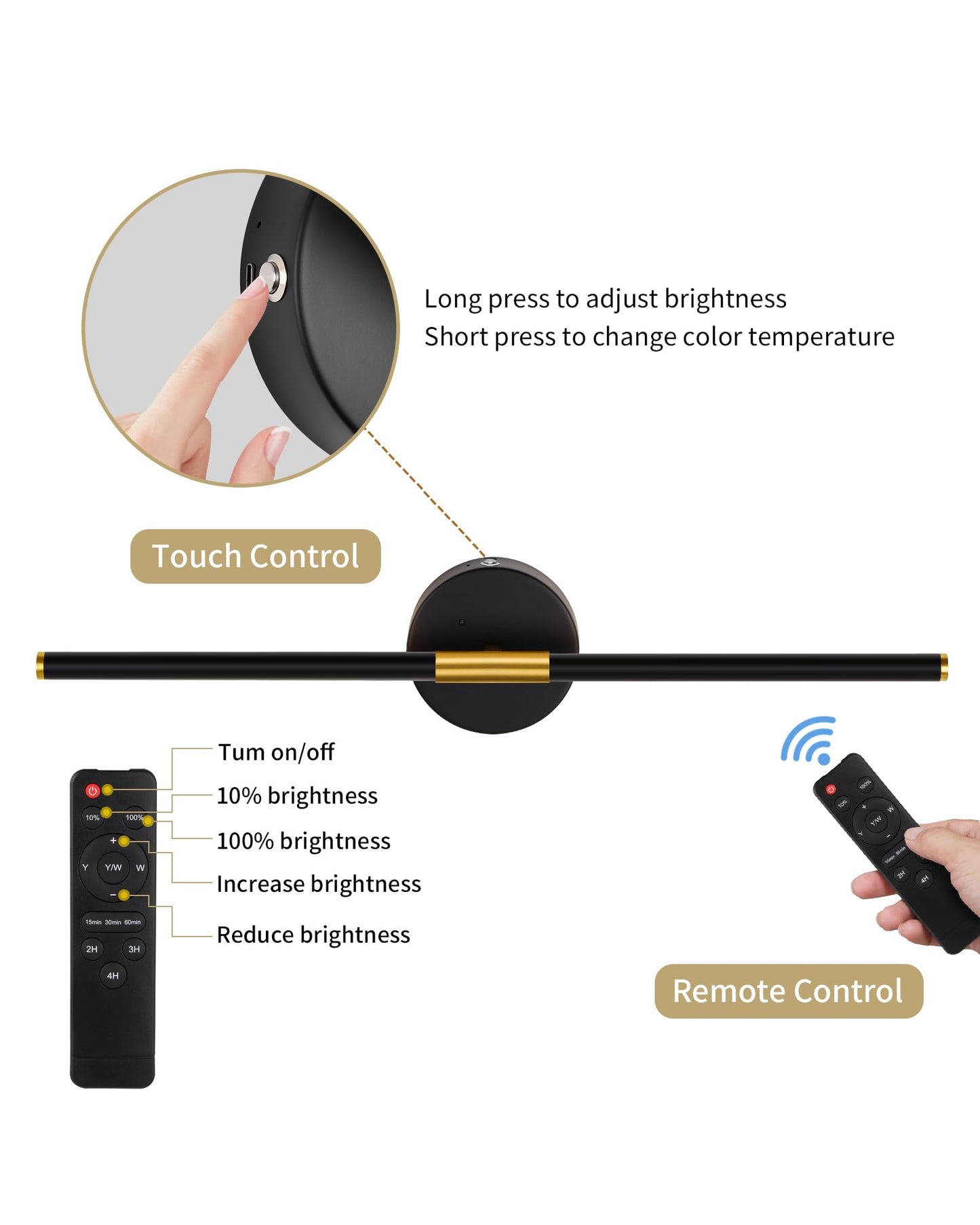 Lumiquesce 24 Inch Battery Operated Wall Sconce Set of 2, Dimmable LED, Black Gold, 8000 mAh Rechargeable, Model 7105