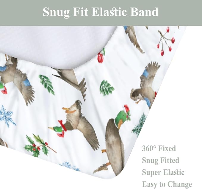Christmas Mallard Ducks Changing Pad Covers for Baby Girl Boy Winter Green Ducks Fir Leaves Snowflakes Fitted Change Table Cover Mats Hunting Ducks Soft Diaper Changing Table Sheets 32''×16''