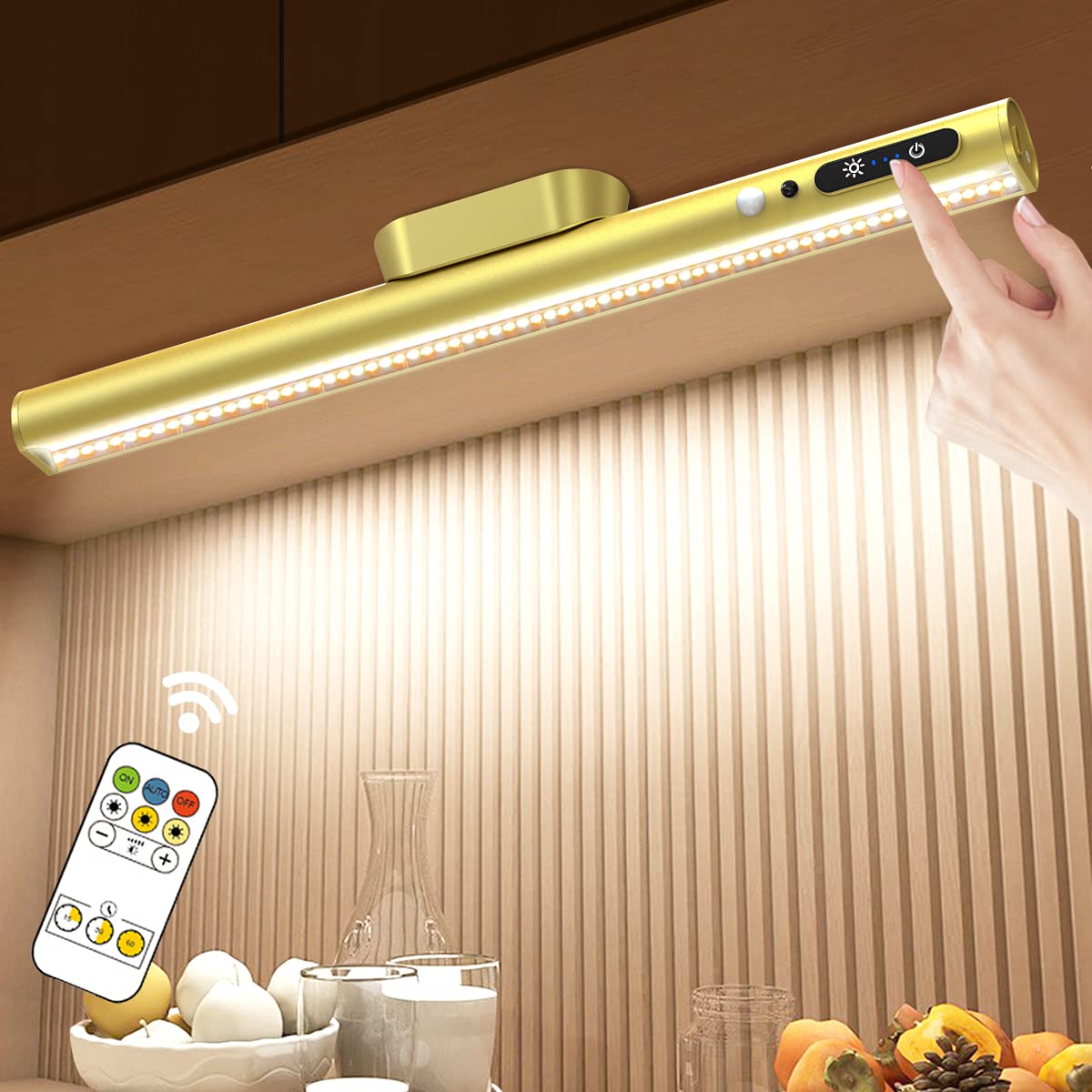 Hapfish Motion Sensor LED Light Bar Indoor, Rechargeable Under Cabinet Lighting Wireless, Magnetic Battery Powered Operated Wall Strip Lights with Remote Control for Picture Mirror Closet Room –Gold