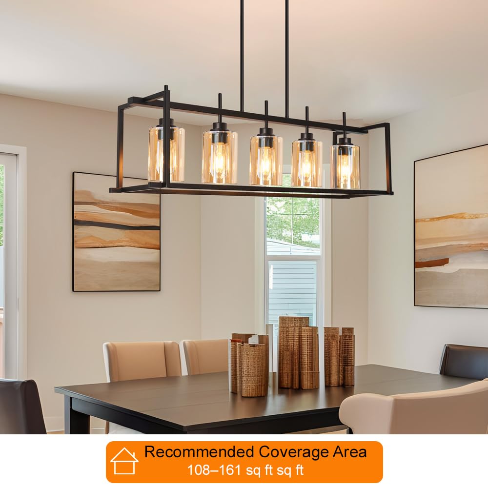 Dsmjfu Matte Black Farmhouse Dining Room Lighting Fixture  5-Light Linear Pendant Lighting  Rectangle Kitchen Light With Amber Glass Shades  Adjustable Height Rectangle Hanging For Kitchen Table