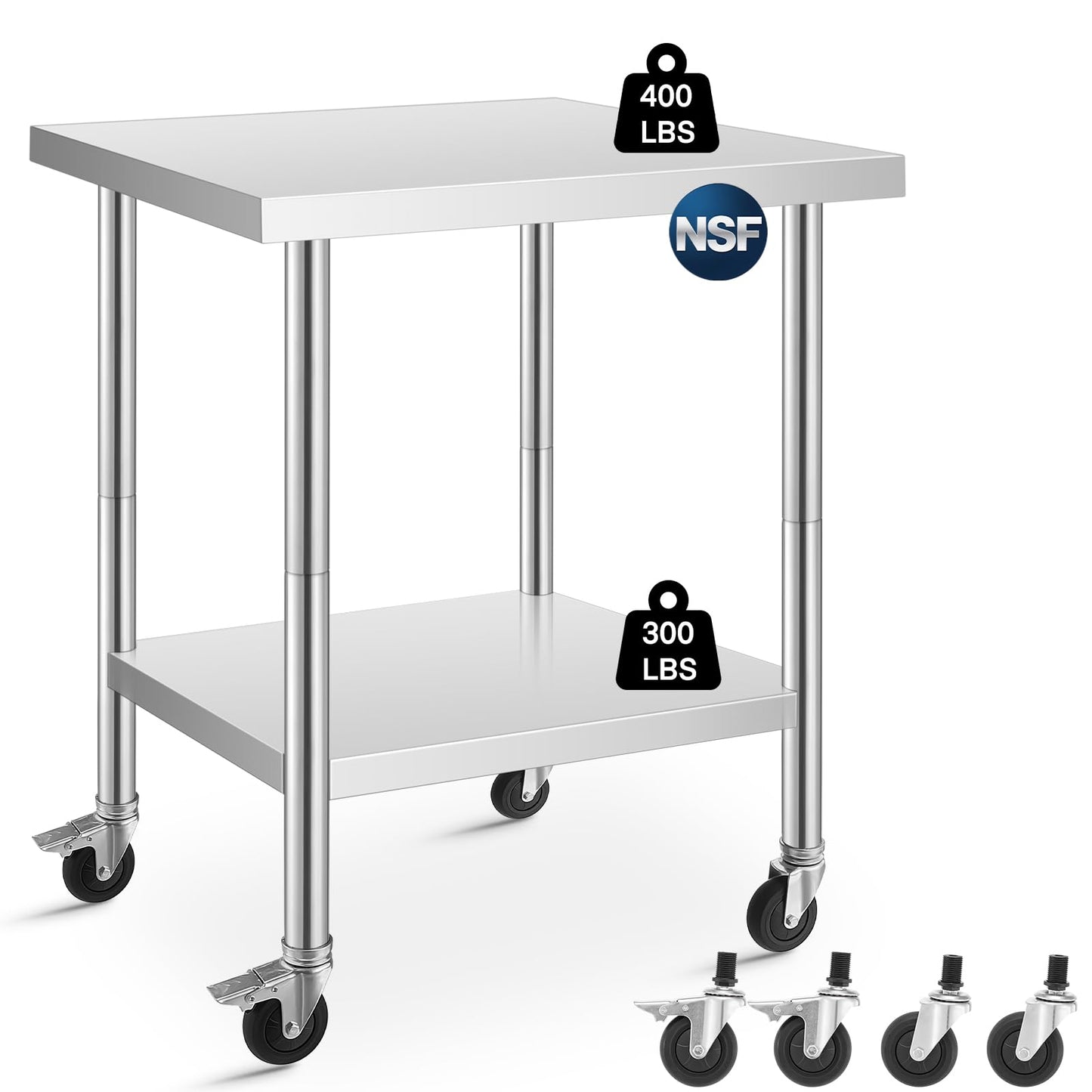 Stainless Steel Table for Prep & Work, with Caster Wheels, Two with Brakes, Metal Table for Commercial Restaurant, Warehouse and Hotel (24 x 30 Inches)