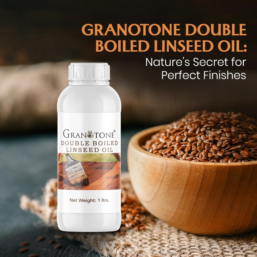 GRANOTONE Double Boiled Linseed Oil | Effective Waterproof Furniture Polish Oil, Used for Wood Finishing, Sports Goods Like Cricket Bat, Filling Cracks, Mixing with Paint and Wall Putty, 1 Ltr