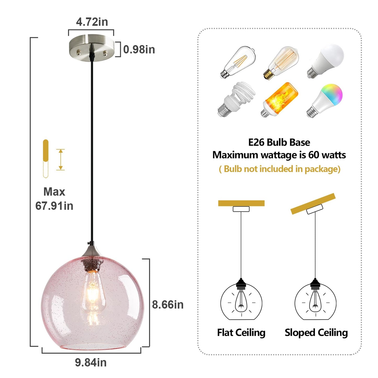 Lbsqj Pink Glass Pendant Lights Kitchen Island Globe Pendant Light Fixtures Modern Pendant Lighting For Bedroom Living Dining Room Light Fixture (9.84 In  2 Pack)