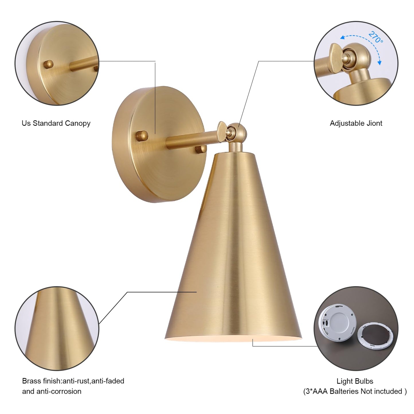 MWZ Gold Wall Sconces Set of Two, Wireless Dimmable Indoor Lighting with Remote Control, Adjustable Angle, Model W-XL115