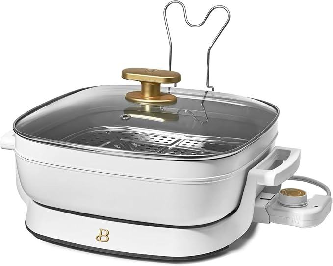 Beautiful 5-in-1 Electric Skillet 7QT, Cast Aluminum Extender, Nonstick, 1500W, Dishwasher-Safe Lid, Slow Cook, Steam (White Icing)