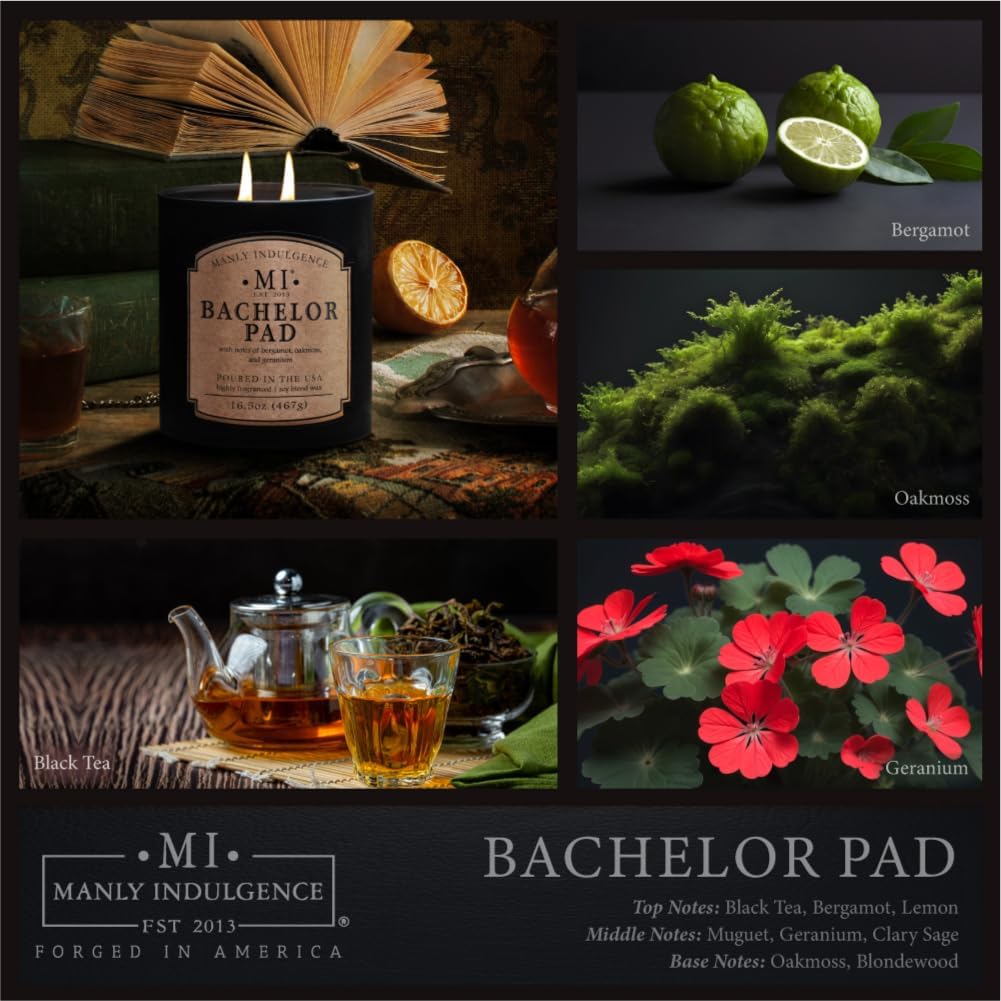 Manly Indulgence Bachelor Pad Scented Candles for Men, 2 Wick, 16.5 oz Premium Soy Blend Wax, 60H Burn, Candles for Home Scented - Made in The USA