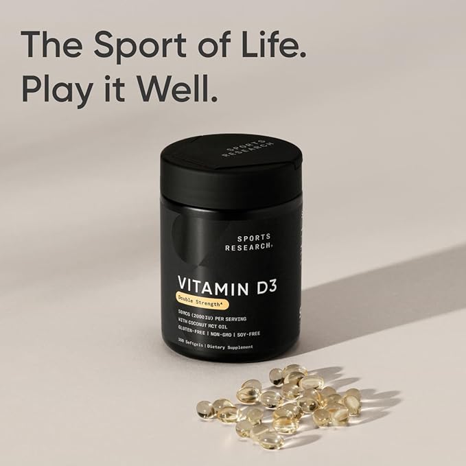 Sports Research® Vitamin D3 2000iu (50mcg) w/Coconut MCT Oil - High Potency Vitamin D Supplement for Immune & Bone Support - Gluten Free · Non-GMO · Soy Free – 360 Count Softgels