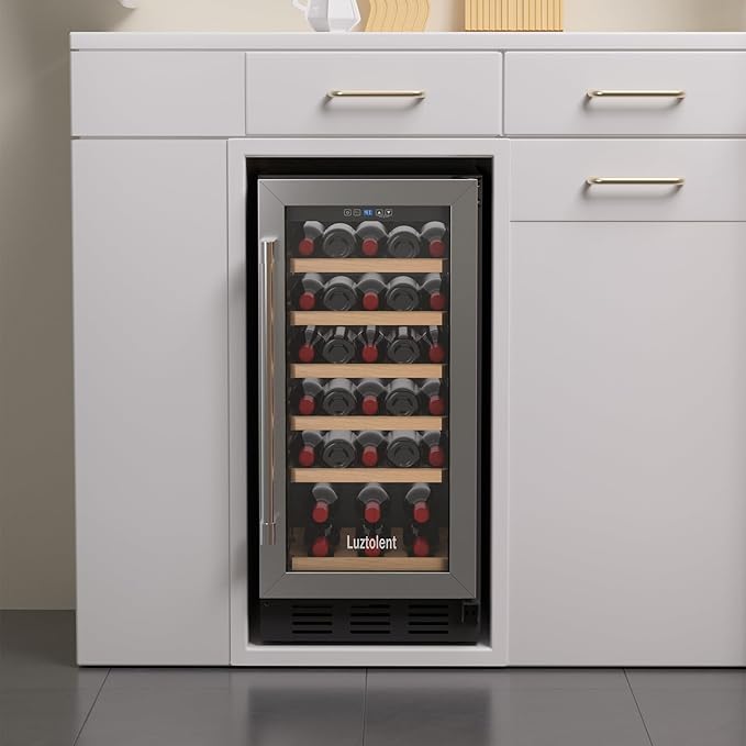 31 Bottles Wine Cooler Refrigerator, 15 Inch Wine Cooler with Single Zone, Built-in or Under Counter, 41-64°F Digital Touchscreen, Triple-Layer Glass,Wine Cellars for kitchen
