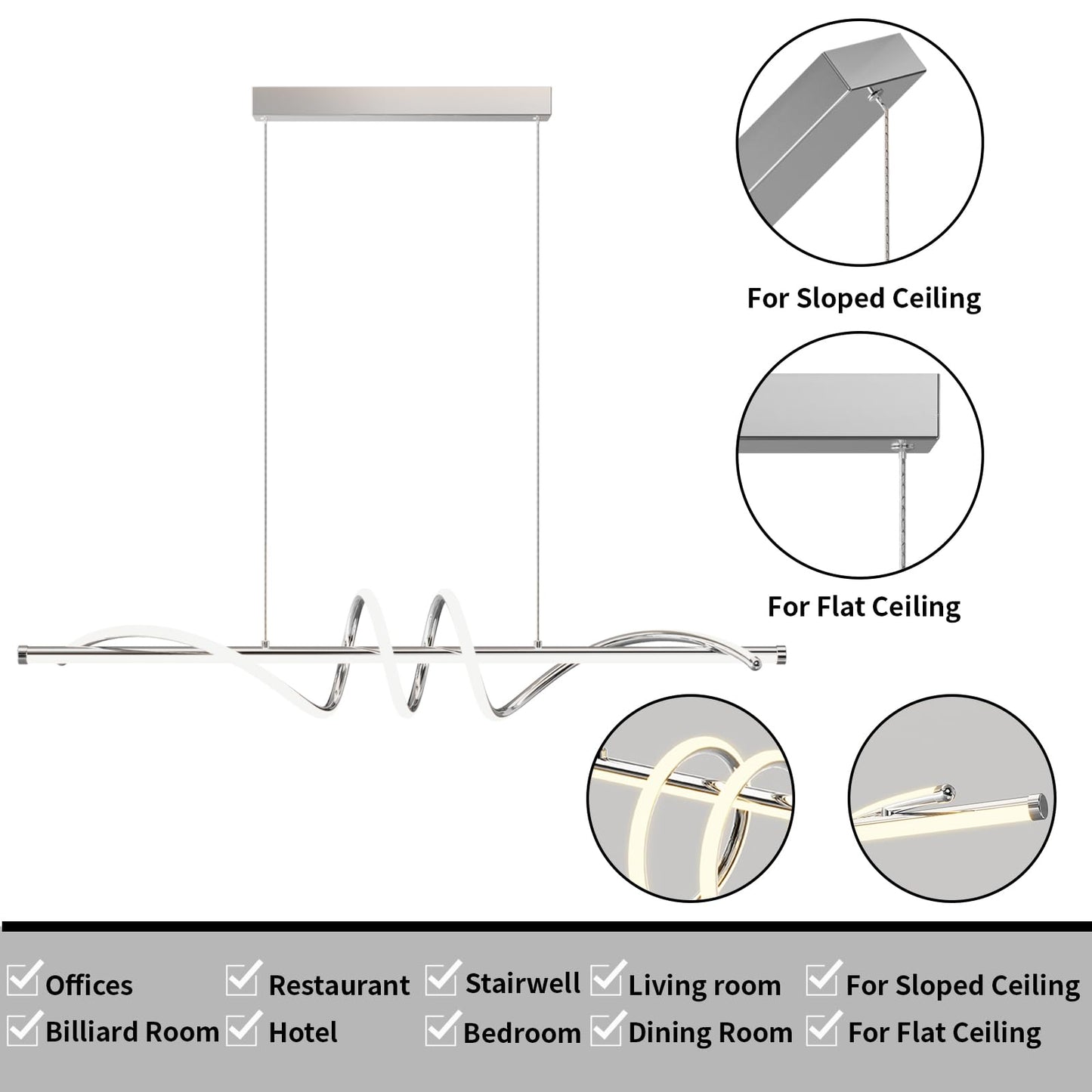 Zihoi Modern LED Pendant Light Fixture, Dimmable with Remote, 47in Aluminum, Adjustable Color 3000K-6000K, Chrome Silver