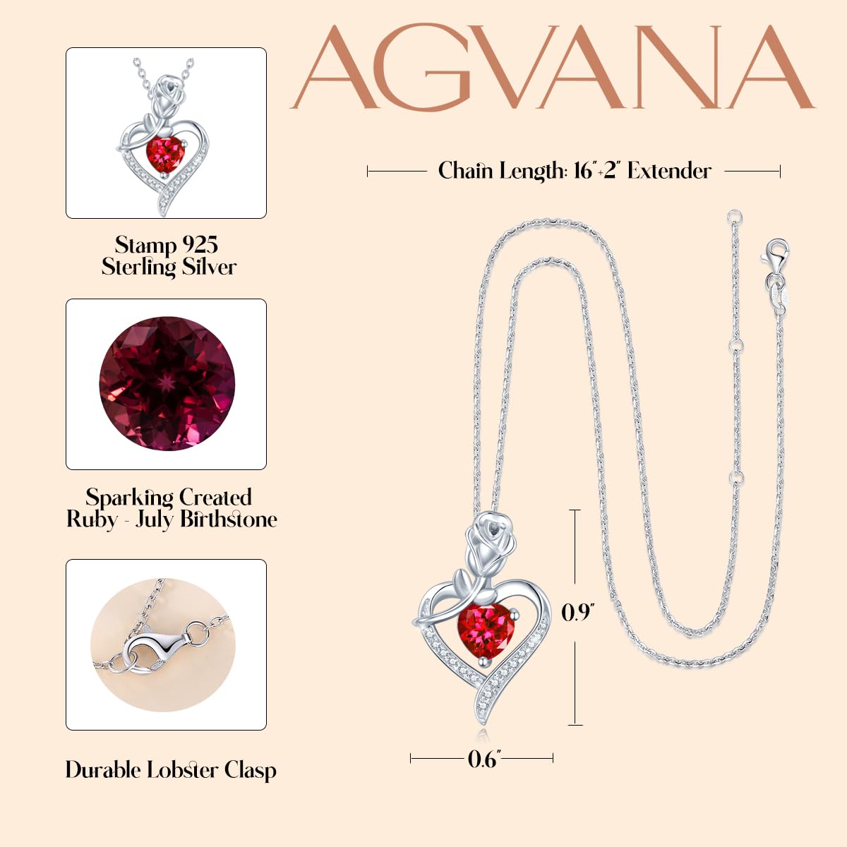 AGVANA July Birthstone Jewelry Ruby Necklace for Women Sterling Silver Rose Flower Heart Pendant Necklace Fine Jewelry Anniversa
