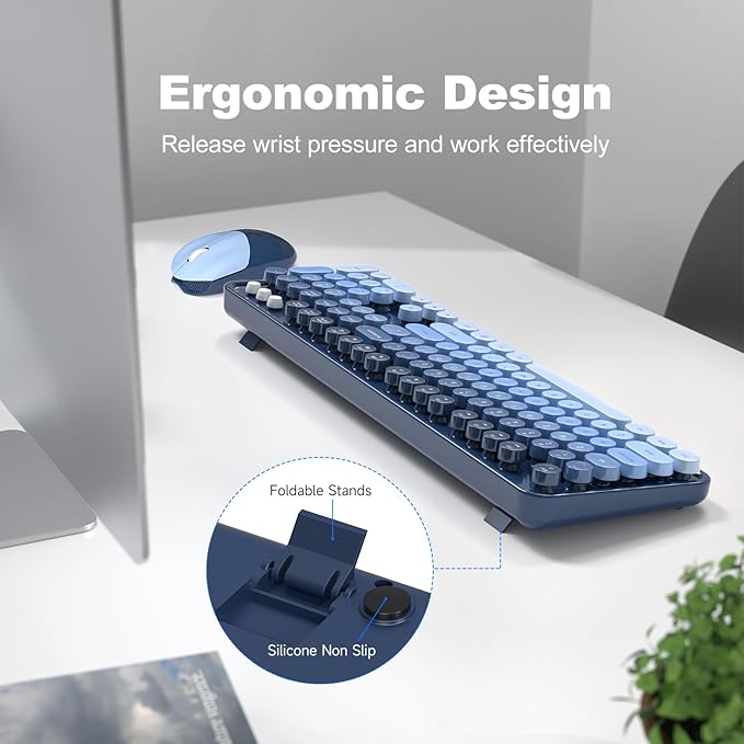 MOFII Wireless Keyboard and Mouse Combo, Full-Size Retro Typewriter Keyboard with Round Keycaps, Ergonomic Design for Windows 7 8 10 11 PC Laptop, Home and Office Use -Blue