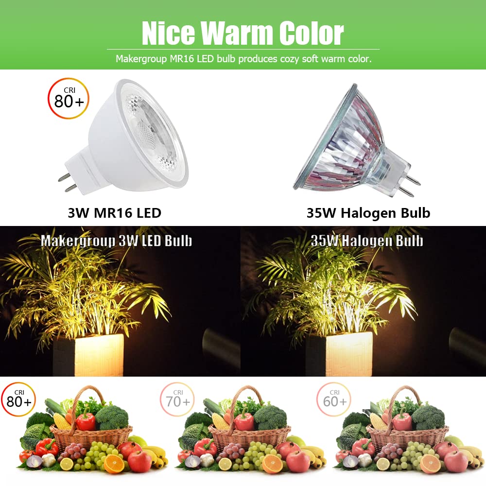 Makergroup Mr16 Led Bulb  Outdoor Landscape Mr16 Light Bulbs  3W Gu5.3 Bi-Pin Base 12V Low Voltage Led Spotlights Warm White 2700K-3000K For Landscape Lighting Garden Yard Lights 3-Pack