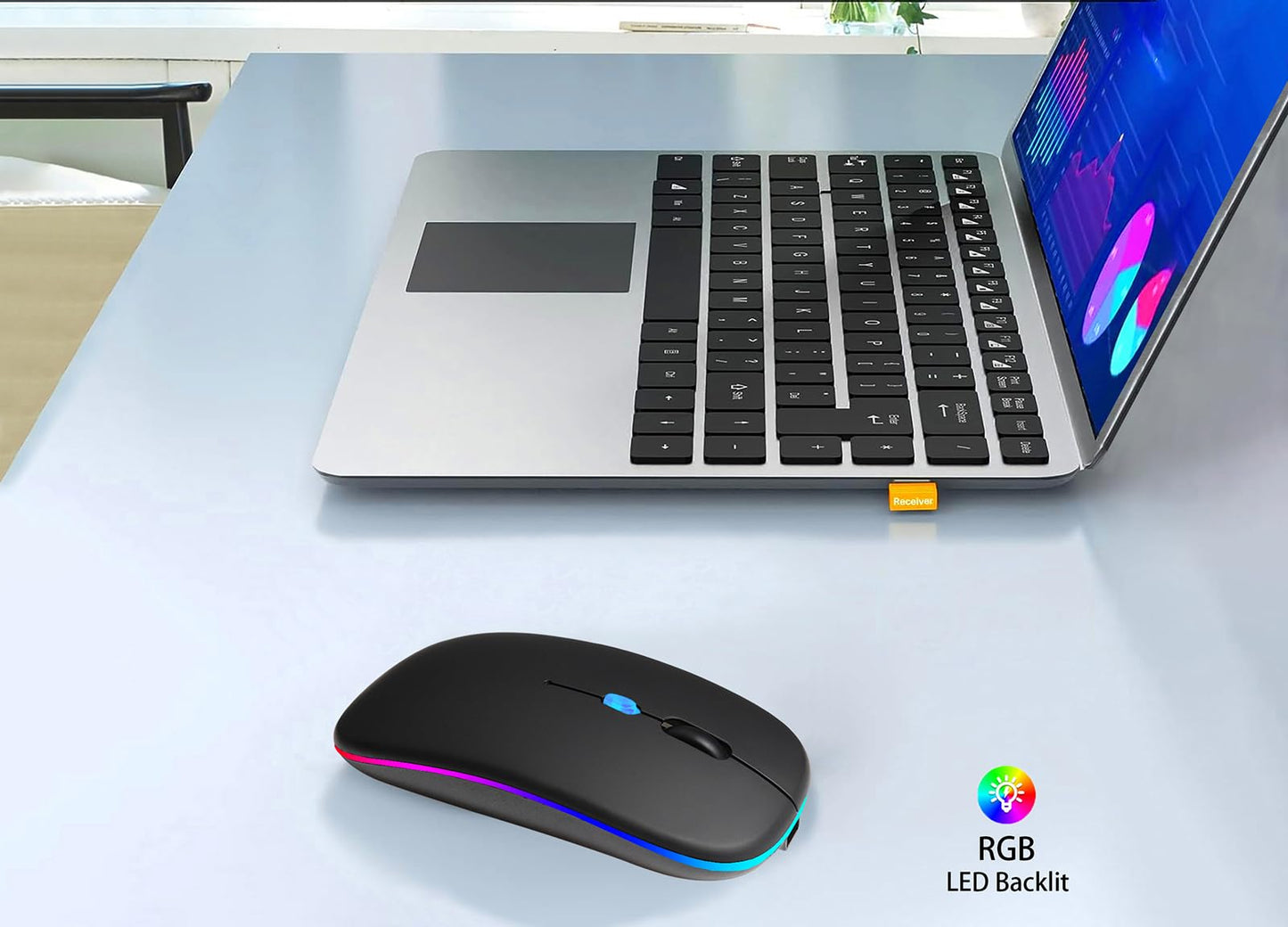 AIKOKOK Wireless Bluetooth Mouse Rechargeable Laptop Mice with LED Use Portable(BT5.2 and USB 2.4G) Dual Mode Connection Silent Slim Computer Mouse for Laptop/iPad Tablet/Apple MacBook/PC (Black)