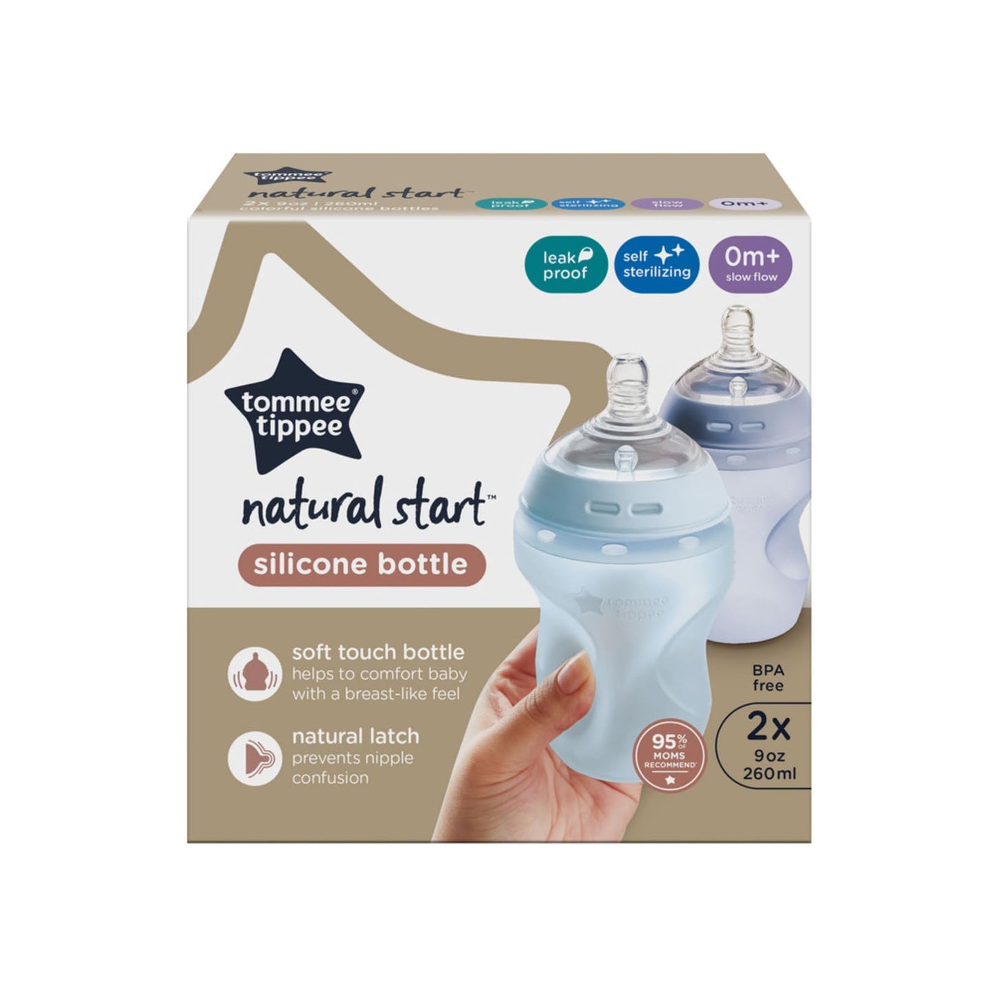 Tommee Tippee Natural Start Anti Colic 9 oz BPA Free Silicone Baby Bottles, 0+ Months, Silicone Feels Like Mother's Skin, Slow Flow Breast-Like Nipple, Blue, Pack of 2