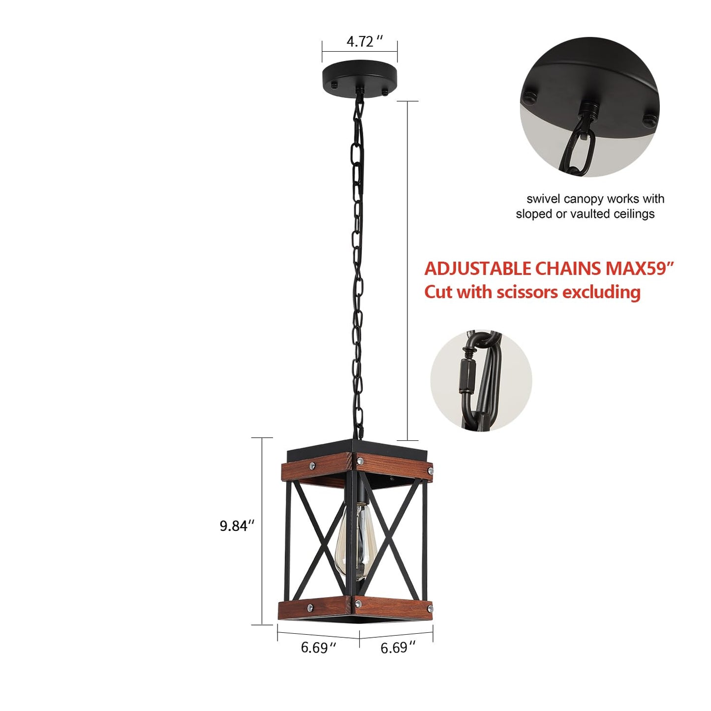 Fivess Lighting Rustic Farmhouse Pendant Light, One-Light Adjustable, Metal & Wood Cage, Black & Brown, 1-Light Pendant