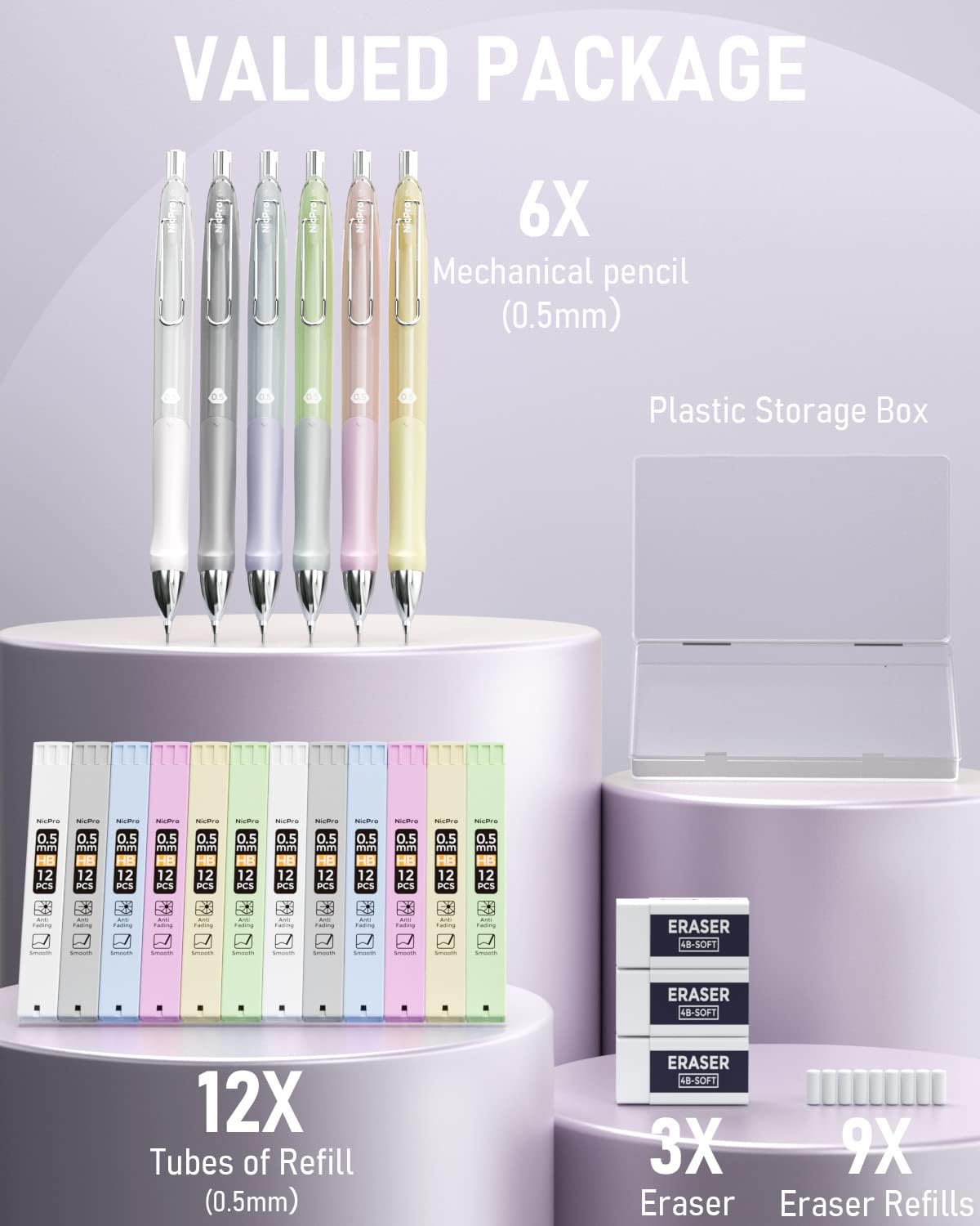 Nicpro 6PCS Pastel Mechanical Pencil Set 0.5 mm, Cute Mechanical Pencils with Comfort Grip with 12 Tubes HB Lead Refill, 3 Eraser, 9 Eraser Refills for Student Writing, Drawing, Sketching- with Case