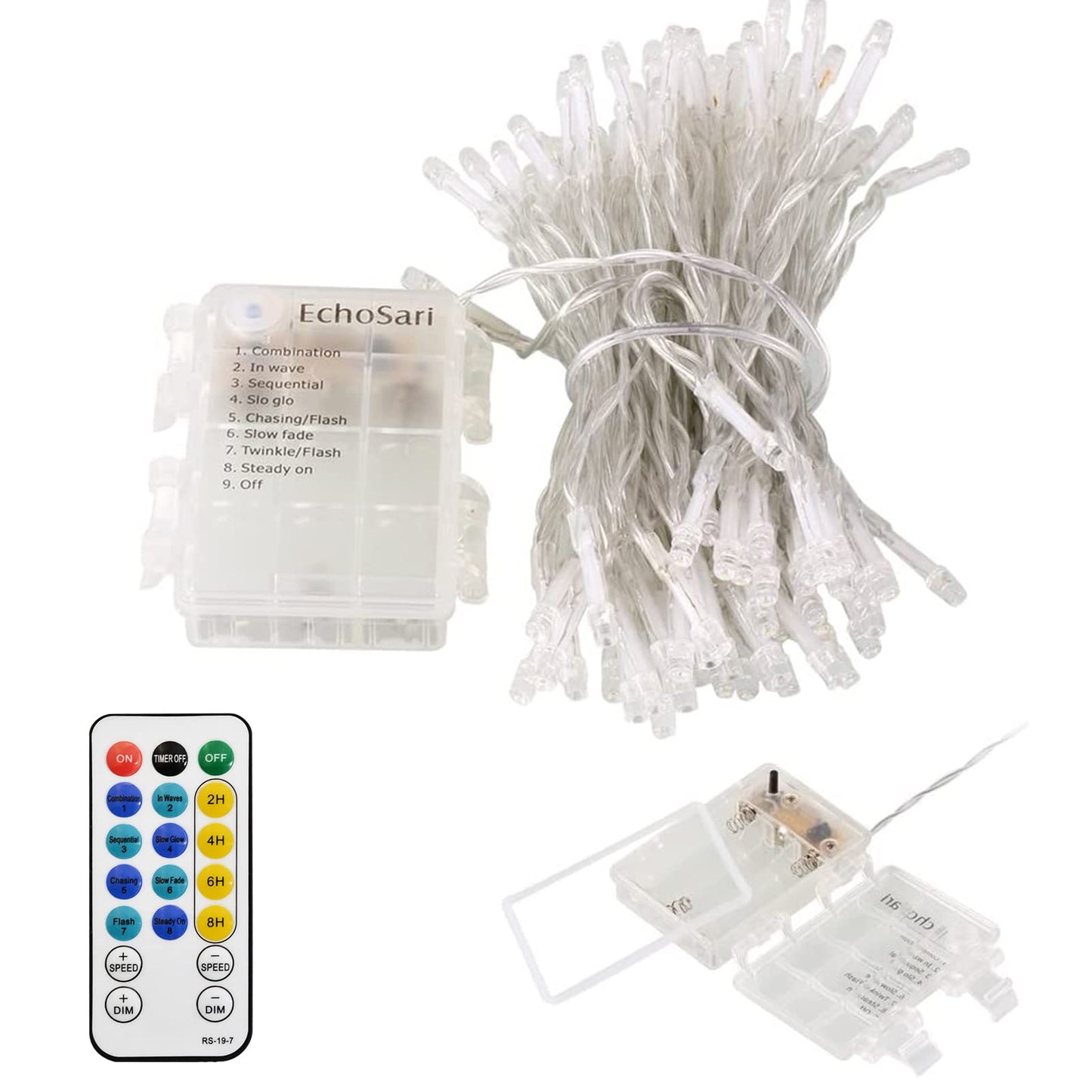 Echosari 100 Leds Outdoor Christmas String Lights - Battery Operated, Remote, Dimmable, 8 Modes, Multicolor, Plastic