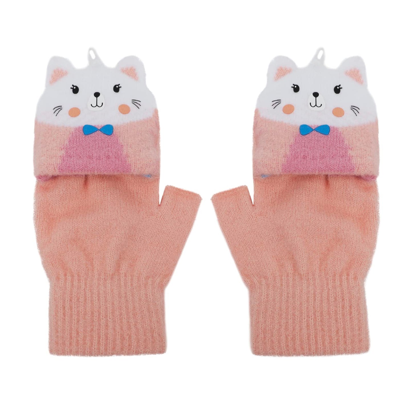 Cartoon Convertible Flip Top Gloves Toddler Kids Winter Wool Knit Fingerless Gloves with Mitten Cover for Girls Boys 2-15 Yrs (Pink Cat Kitten, For Girls boys 4-12 Years)