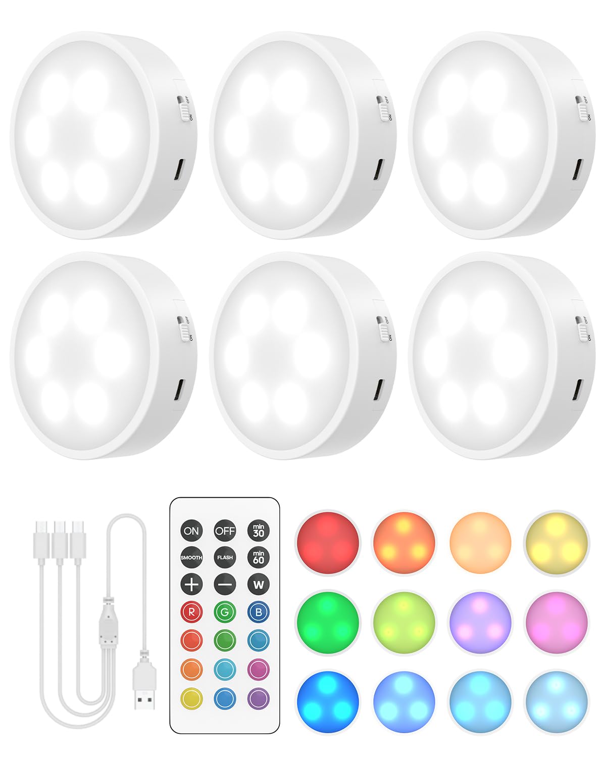 GOODEA.fun Puck Lights with Remote, 13 RGB Colors LED Under Cabinet Light, Rechargeable Battery Operated Under Cabinet Lighting Tap Lights, Stick on Lights with Dimmer and Timer（6 Pack）