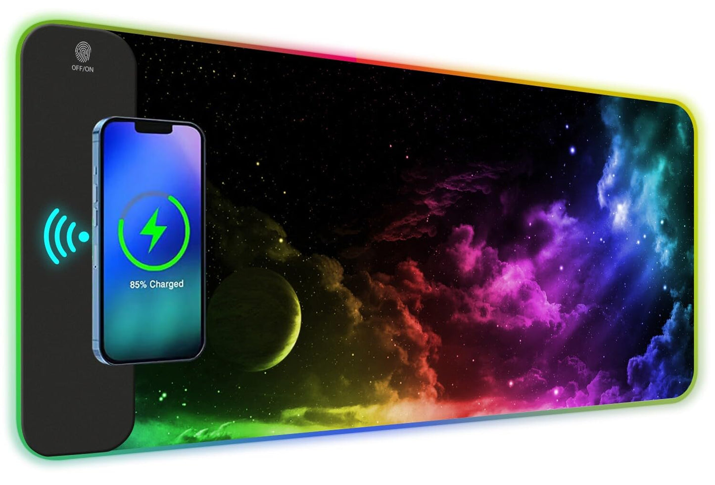 AIMSA Wireless Charging RGB Gaming Mouse Pad 15W, Extended LED Desk Mat Protector 800x300x4MM, 14 Light Modes Extra Large Mousepad Non-Slip Rubber Base Desk Mat, Nebula Universe