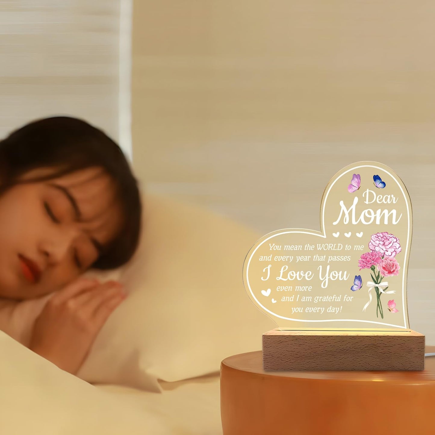 Hpydiy Carnation Heart Shape 3D Crystal Acrylic Light Base With Wood Stand  Led Light For Kids Room Decor  Gift For Mom On Birthday Or Holiday  Home D?Cor Art Display