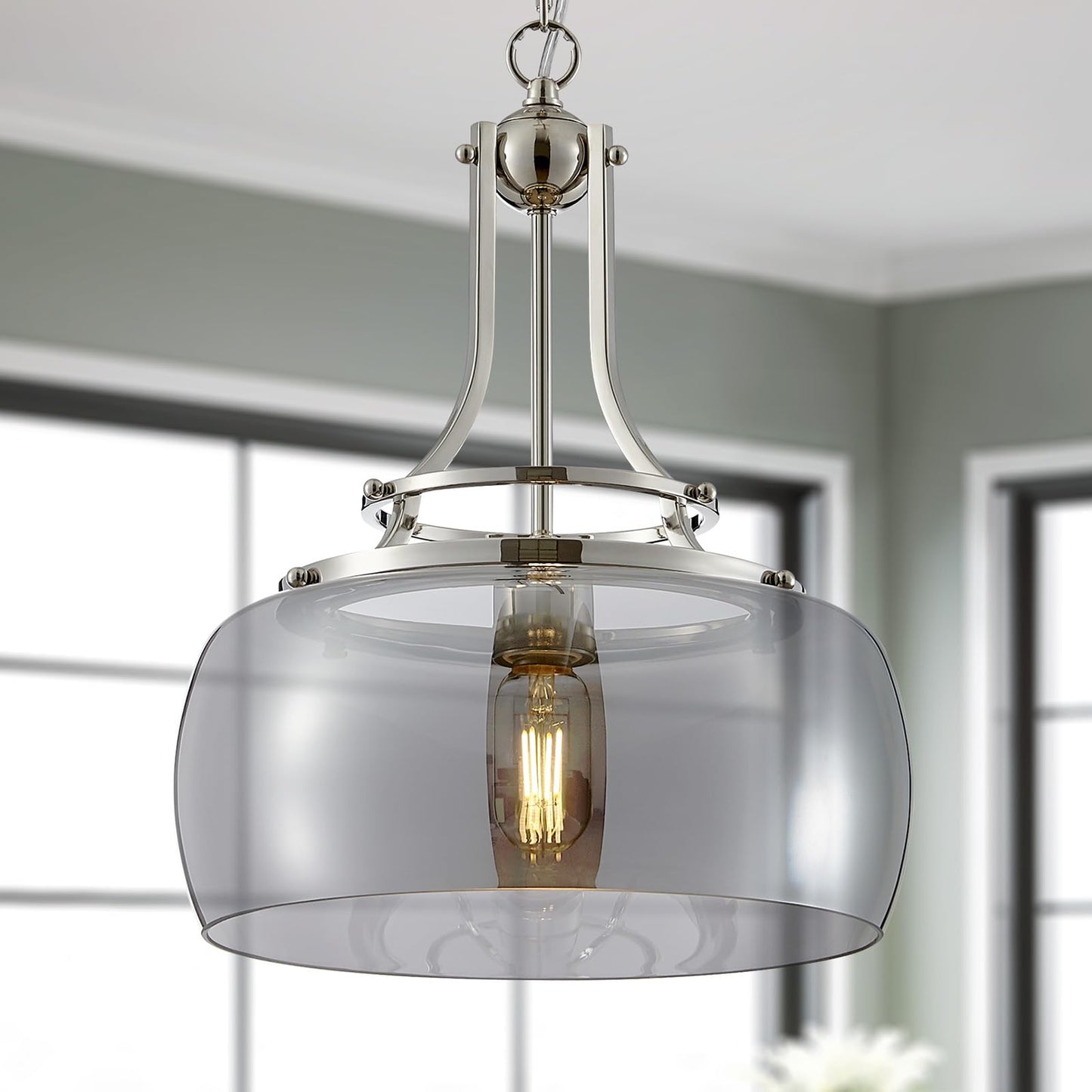 WUZUPS Nickel Chandelier Pendant Light, Electroplated Gray Glass Shade, H 17in W 13.4in, Model USHD9607GR, for Dining Room or Kitchen Island