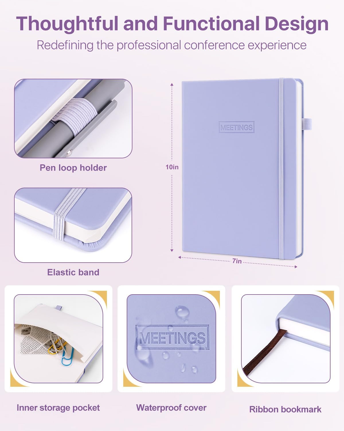 WEMATE Meeting Notebook for Work, Work Planner Notebook With Action Items, B5 Size Project Planner, Easily Take Meeting Notes & Keep Agendas on Track, Calender, Index Page, Inner Pocket, 7×10 Inch, Purple
