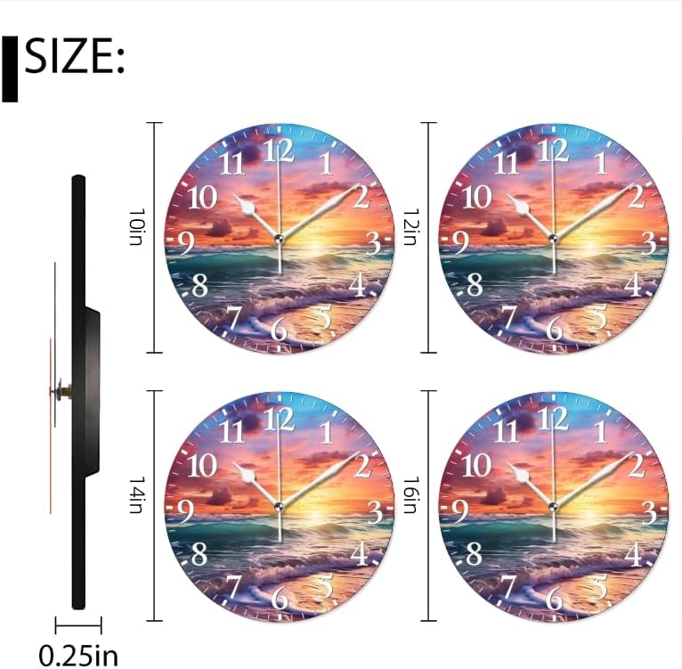 Beach Wall Clock Non-Ticking Silent Clocks Battery Operated Analog Decor Clock for Home-Beautiful Beach Sunset with Colorful Clouds and Waves(16inch)