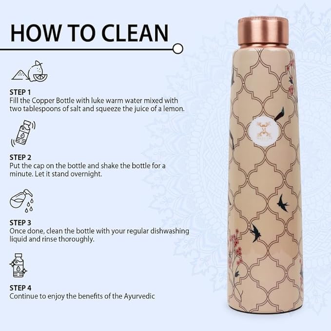 Copper Water Bottle A Handmade Ayurvedic Enameled Print Pure Copper Water Bottle For Drinking - Increase Your Water Consumption, and Experience Immediate Health Benefits (ENAMELED PRINT 5)