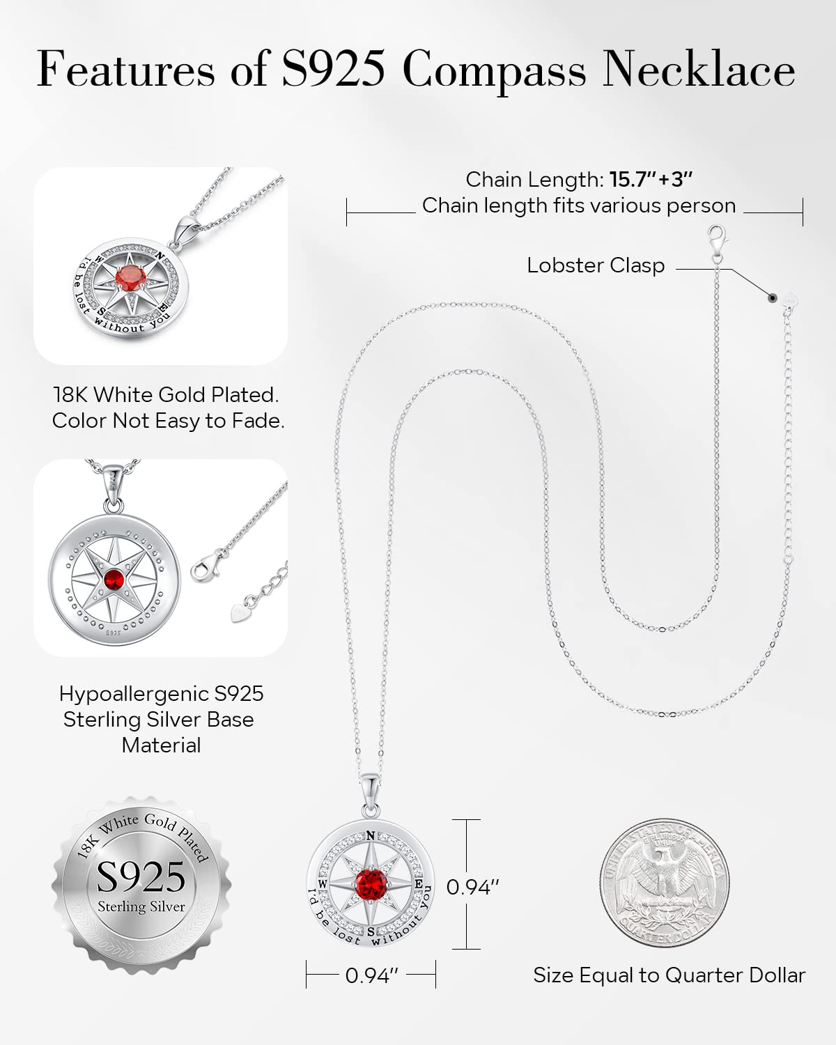 S925 Sterling Silver Necklace for Wife, Women Anniversary Year Gifts Compass Jewelry, Birthday Gift Ideas for Her Girlfriend Wom