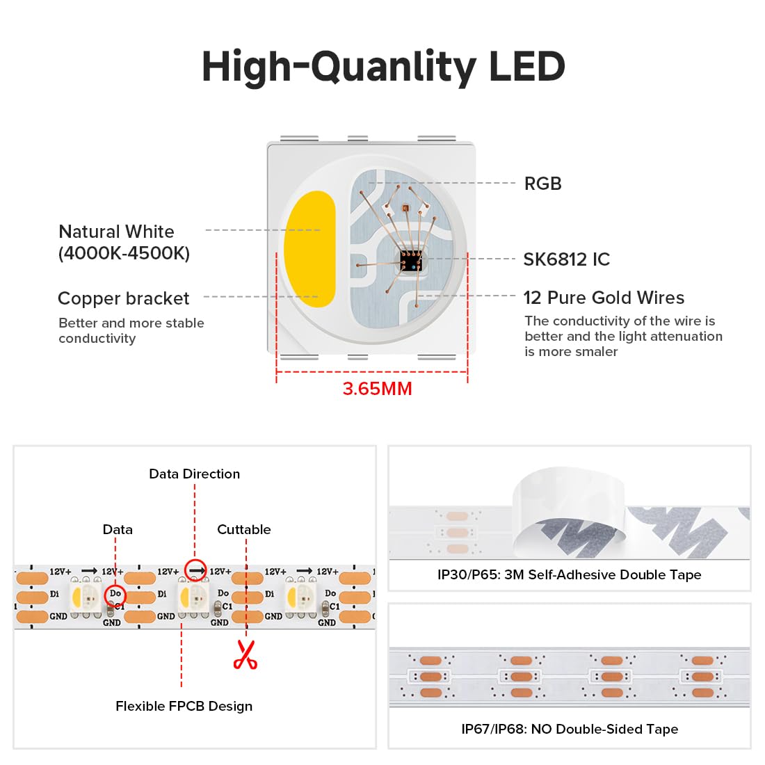 Btf-Lighting Sk6812(Similar Ws2812B) Rgbw Rgb+Natural White(4000K) Individually Addressable Dc12V 16.4Ft 60Led/Pixel/M 4 Color In 1 Light Dream Color Led Strip Ip65 White Pcb(No Adapter Or Controller)
