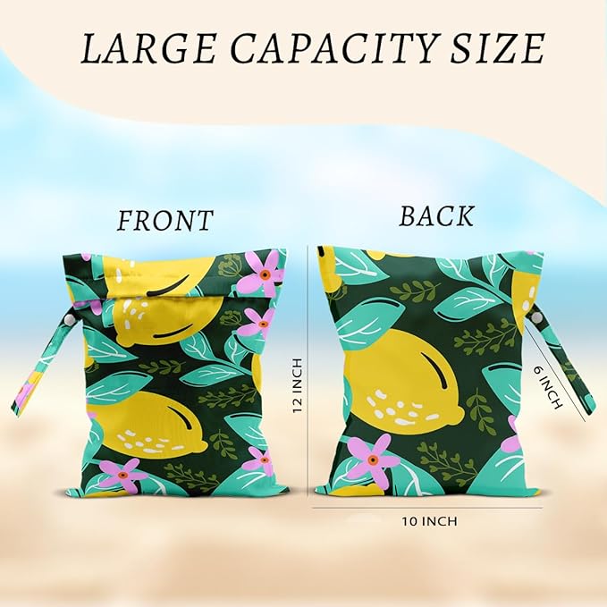 2Pcs Lemon Wet Bags 12x10 Inch, Flowers Waterproof Reusable Wet Dry Bags, Summer Washable Travel Laundry Bag for Swimsuit Beach Diapers Dirty Yoga Gym Clothes, Lemon Gifts for Women Friend Travelers