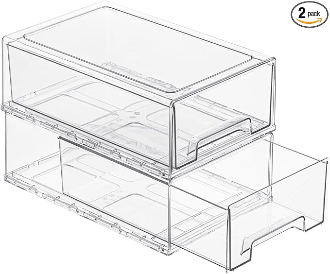 2 Pack Stackable Pull-Out Storage Drawers，Plastic Clear Organizer Bins with Handles，Easily Clean for Craft, and Toy Organization，Kitchen Undersink，Cabinet，Fridge，Closet，Pantry，Office，Bathroom