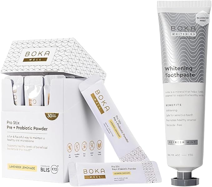 Boka Fluoride Free Toothpaste Nano Hydroxyapatite, Whitening* - 4 Fl Oz 1Pk + Boka Pro Stix Oral Probiotics for Mouth Bad Breath - 30ct Dental Probiotics Powder