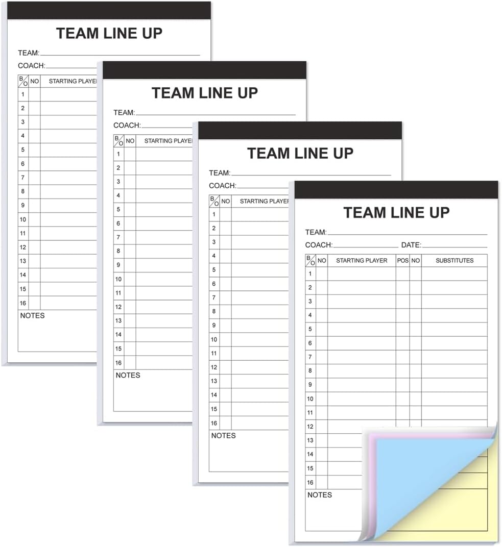 Baseball/Softball Lineup Cards, 4 Part Carbonless, 32 Player Roster Line up Sheets for Coaches, Team, Sports, 4.5" x 8"