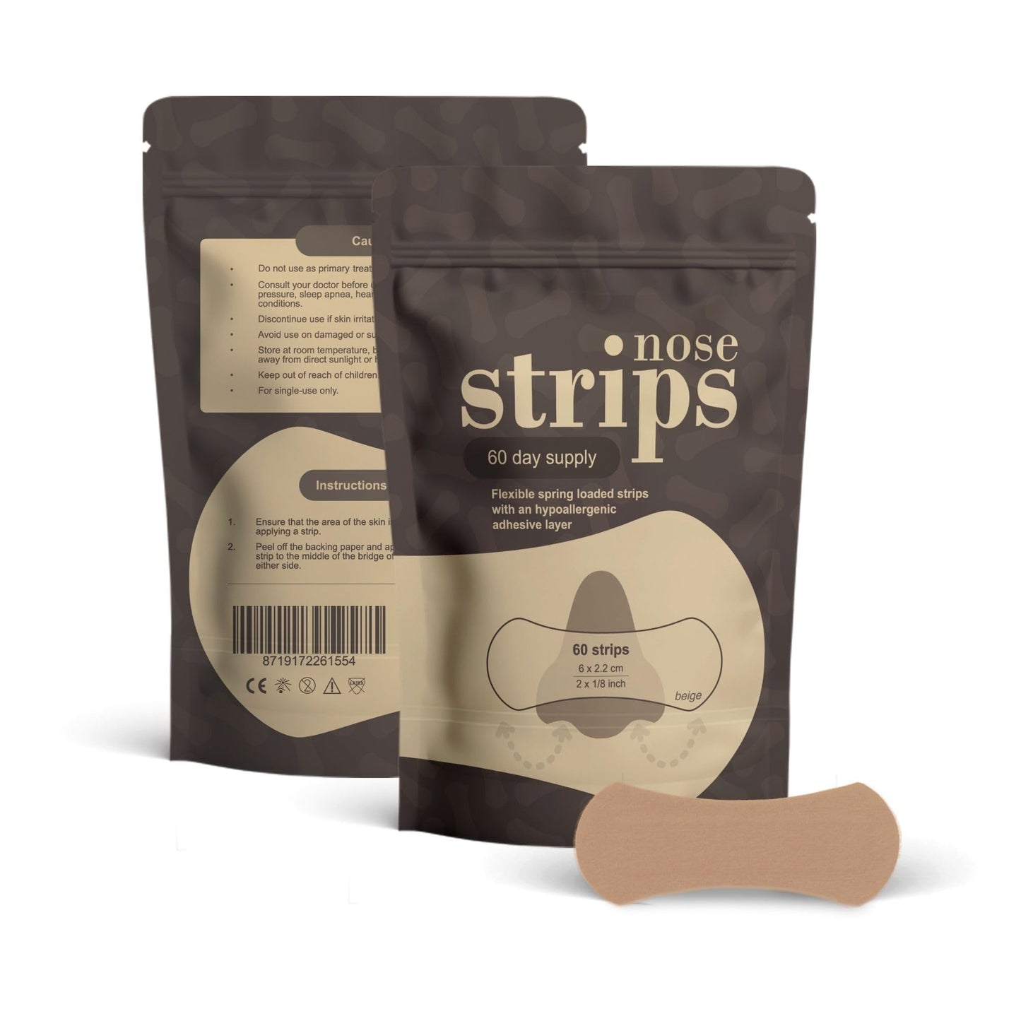 Nasal Strips (60 ct) for Breathing - Nose Strips for Sports - Anti Snoring Solution & Nasal Congestion Relief Nose Tape for Sleeping - Universal Fit, Extra Strength for Sensitive Skin - Beige