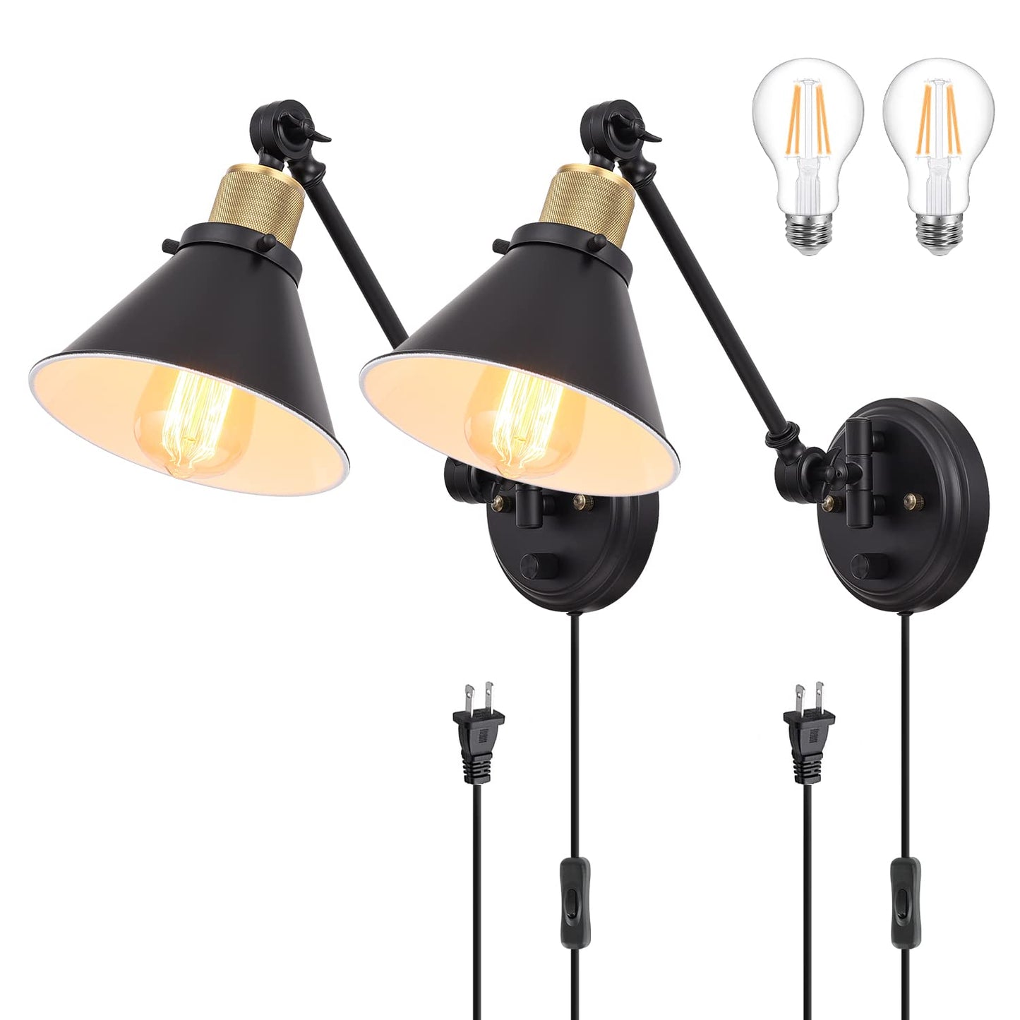 TRLIFE Wall Sconce Plug in - Dimmable Swing Arm Lights, 2 Pack, UL Listed, Metal, Black, Model Arm-Sconce-01-2P