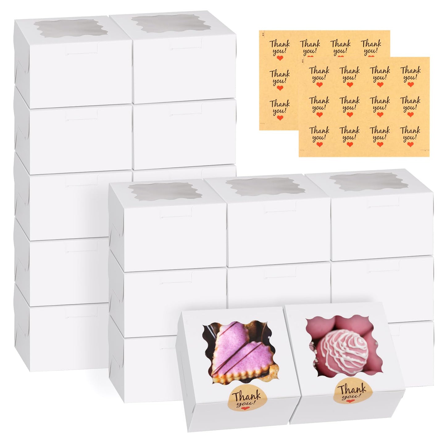 WINKIO 24pcs White Cookie Boxes, 4x4x2.5 Inches Bakery Boxes with Window, for Mini Cake Treat Dessert Pastry Donuts Macaroon Strawberries Chocolate Candy (with Stickers)