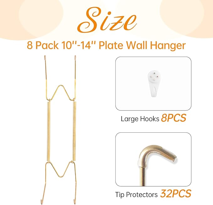 Bilillo 8 Pack Plate Hangers for the Wall, Suitable for 10-14 inch Art Plate, Stainless Steel Invisible Heavy Duty Wire Plate Holder with Wall Hooks, Plate Hangers for Displaying Plates, Platter, Dish