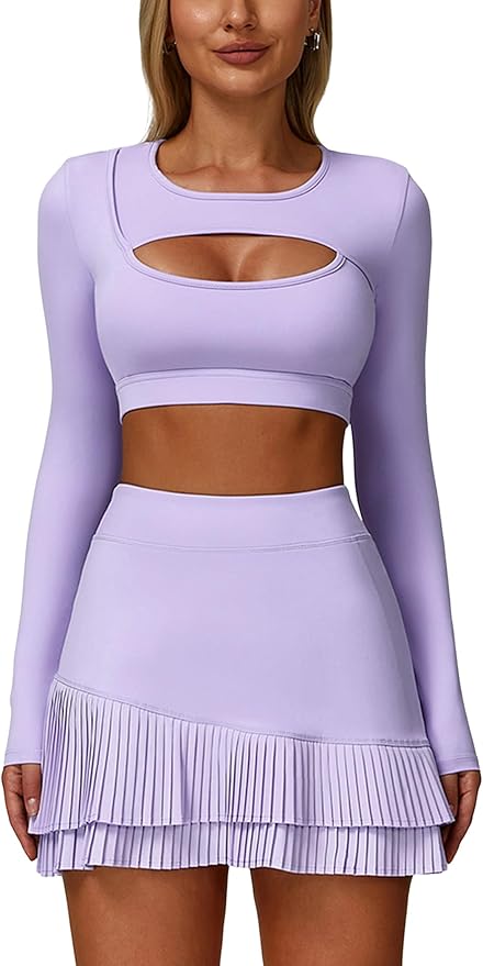 EFOGEP Women's Long Sleeve Tennis Dress Set 2 Piece Athletic Dress with Built-in Shorts for Tennis Golf Workout